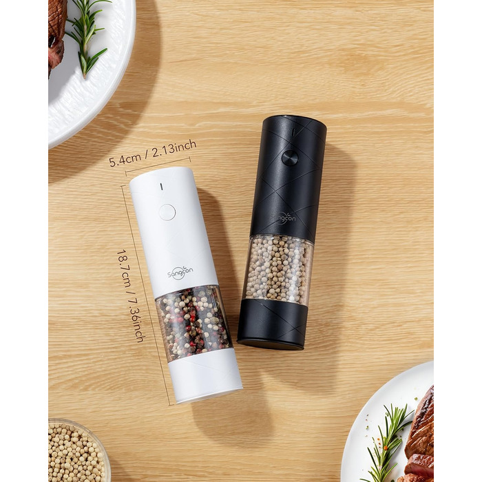 Sangcon Salt and Pepper Grinder 2-Piece Set, Rechargeable via USB, with LED Light, Large Capacity Pepper Grinder, Automatic Grinding and Adjustable Grind Fineness, Suitable for a Variety of Selection