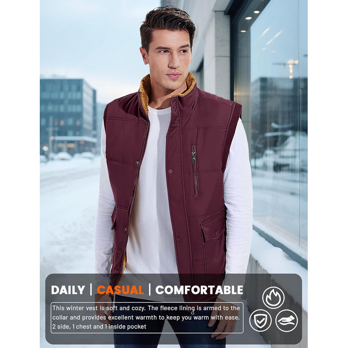 Чоловіча зимова куртка MAGCOMEN з підкладкою з флісу, тепла, з багатьма кишенями (XL, бордовий)