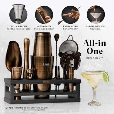 Набір бармена BARE BARREL® Mixology: 16 предметів для приготування коктейлів | Шейкер, мішалки, рецепти | Ідеальний подарунок для дому