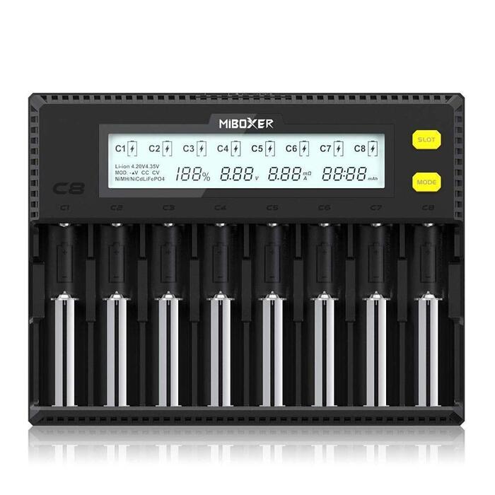 Зарядний пристрій MiBOXER для акумуляторів 18650 8-Bay з LCD дисплеєм, швидка зарядка Li-Ion, LiFePO4, Ni-MH/Ni-Cd (AA, AAA, C, 21700, 26650)