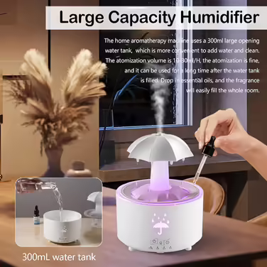 Rainfall Humidifier, Rain Cloud Humidifier, Rain Sounds for Sleeping, Rain Mushroom Lamp with 7 Color Light, Rainfall Humidifier 350ml, Oil Diffuser