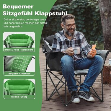 Кемпінговий стілець складний (200 кг) з подушкою 6 см - великий, для риболовлі, кемпінгу, саду та фестивалів - міцний, з бічними кишенями та сумкою для перенесення, чорно-сірий