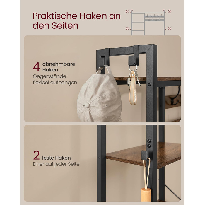 VASAGLE Coat Rack with Shoe Bench, Coat Rack, 5 Shelf Levels made of Particleboard, 9 Triple Hooks, 6 Side Hooks, 40 x 120 x 190 cm, Stone Gray-Ink Black HSR426B04 (Vintage Brown + Ink Black)