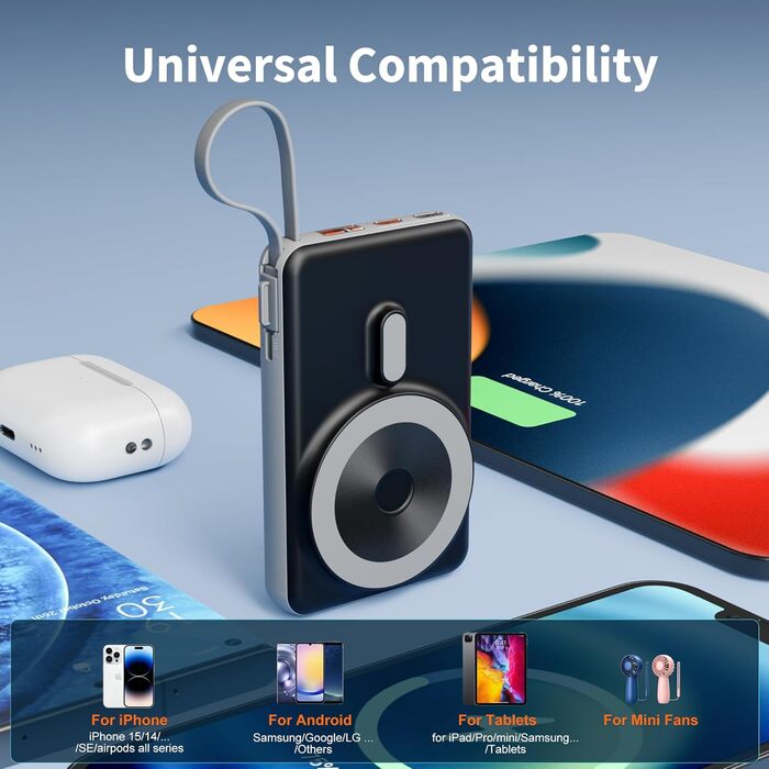 Powerbank MagSafe 20000mAh з PD 20W, USB-A, магнітним з'єднанням, інтегрованими кабелями, бездротовою зарядкою 15W, цифровим дисплеєм, сірий колір