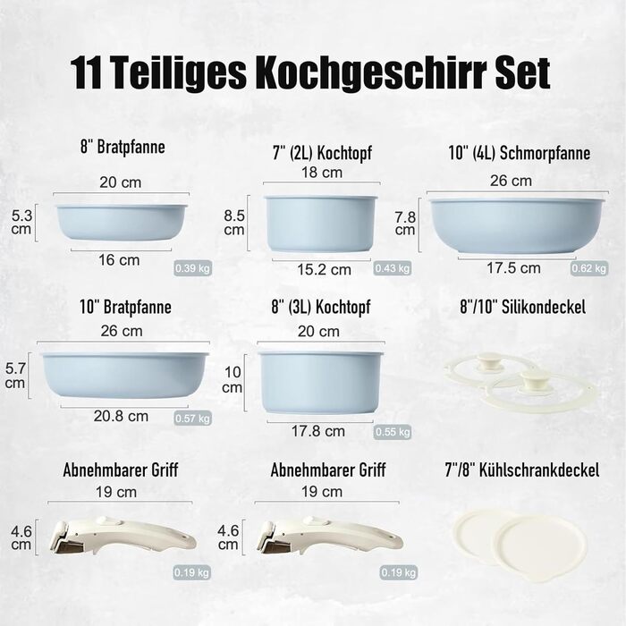 Набір посуду з антипригарним покриттям 11 предметів з знімними ручками. Підходить для індукційних, газових плит, духовки та мийної машини. Без PFAS (блакитний)