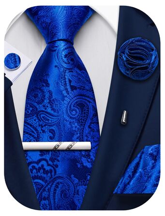 Набір аксесуарів для чоловіків: краватка з візерунком павароччі, кишеньковий хустинка, краватки-кліпси, затискачі для краваток, застібка для краватки, 5 шт. (Королівський синій)