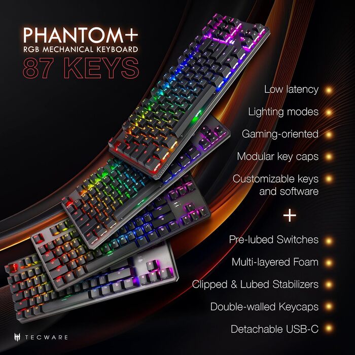 Механічна клавіатура TECWARE Phantom+ 87 клавіш RGB (Чорна) з перемикачами Wraith Red (лінійні, 45g)