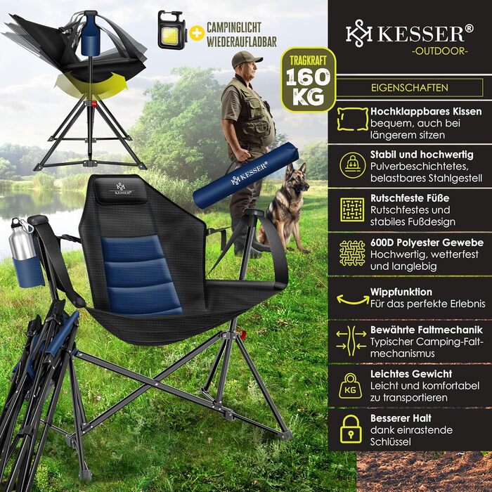Крісло-гойдалка KESSER® для кемпінгу, риболовлі та пляжу, 160 кг, з підсвіткою та тримачем для напоїв, сіре (темно-синій/чорний)