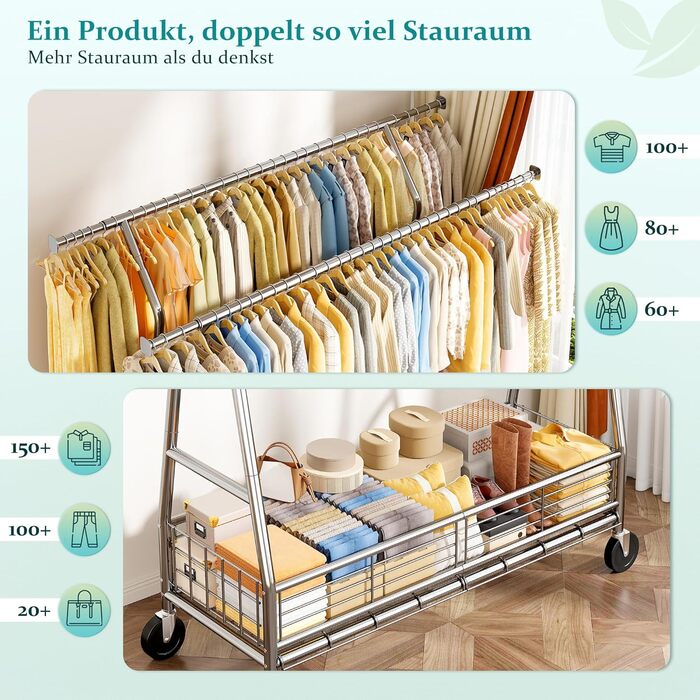 Підвісна шафа для одягу на коліщатках з подвійною перекладиною та сітчастим кошиком, 200 кг, великий об'єм для зберігання одягу та аксесуарів
