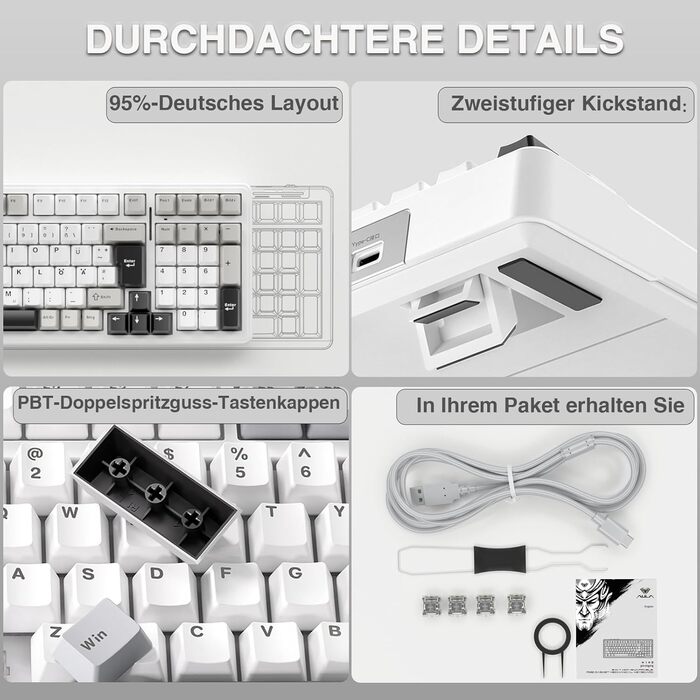 Ігрова механічна клавіатура AULA F99 бездротова, QWERTZ, BT5.0/2.4G/USB-C, Gasket Structure, Hot Swap, RGB, PBT клавіші, 8000mAh, Creamy Sound, 95% механічна (білий сірий)