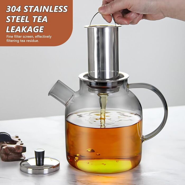 Скляний чайник з ситечком та підставкою для підігріву, 1500 мл, з боросилікатного скла, для листового чаю та чайних пакетів, чорний