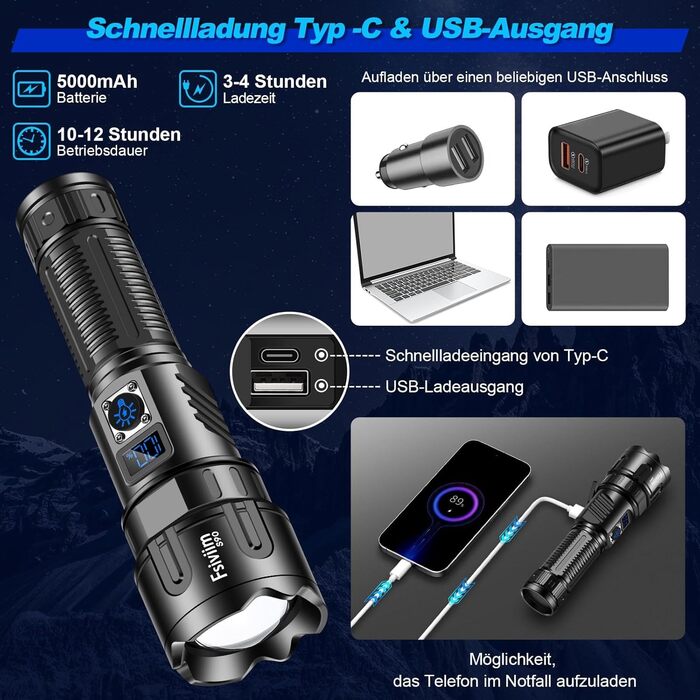 LED ліхтар на батареї, 500 000 люмен, тактичний, з регулюванням фокусу, для кемпінгу, матовий чорний