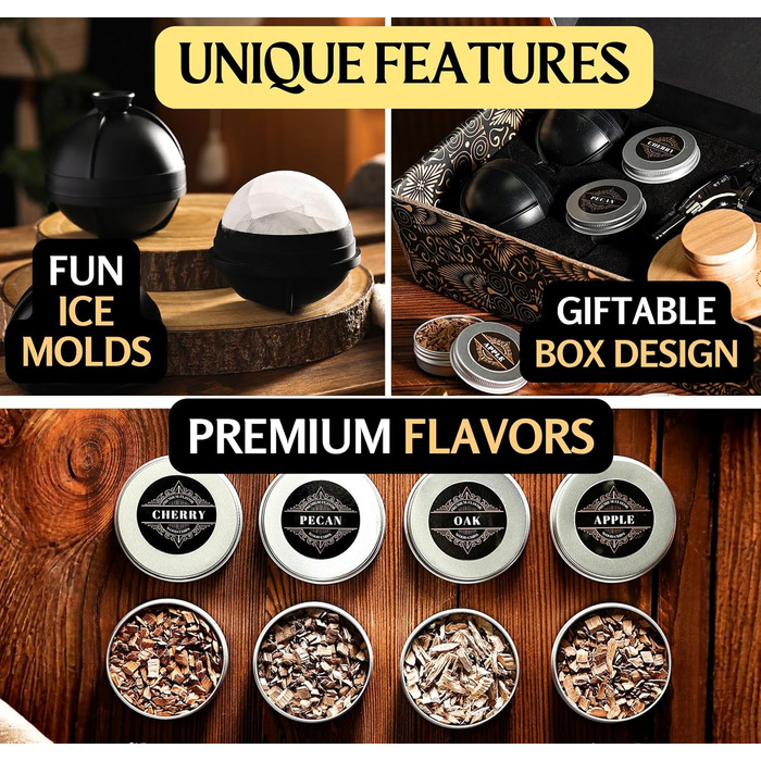 Набір для копчення коктейлів та віскі: Smoker Kit з лампою, формочками для льоду та стружкою деревини