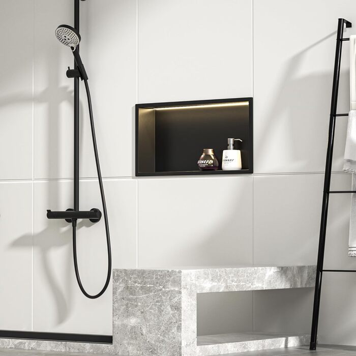 Stainless Steel Corner Shower with LED Strip Lighting, 60 cm x 30 cm, Waterproof - No Tiles Required, Bathroom Storage, Niche, Matte Black