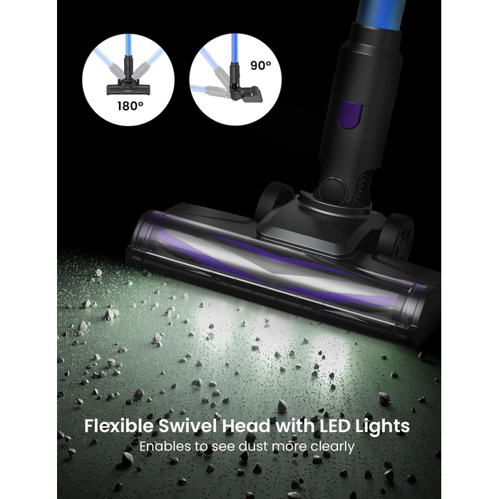 Бездротовий пилосос Vexilar V15Max з функцією миття підлоги, 60KPa/600W/60хв, гнучкий шланг, док-станція, GreenEye, насадка для твердих підлог та шерсті тварин, 1,5л, для килимів та шерсті тварин (Блакитний)