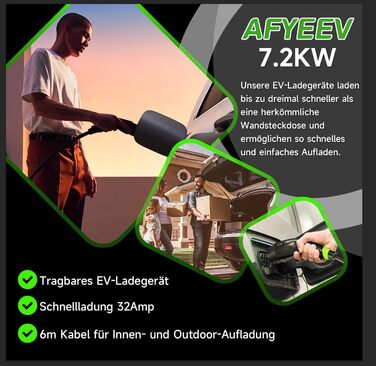 Кабель для зарядки електромобіля Type 2 CEE 6м (7.2kW, 6-32A, 1 фаза) + Schuko, регульований струм