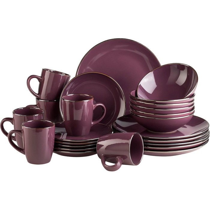Modern Dinnerware Set for 6 People with Brass-Colored Rim, 24-Piece Combination Service with Rimless Coupe Shapes, Black 24-Piece Black
