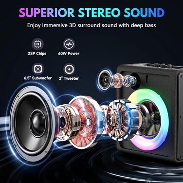 Караоке машина HWWR з 2 бездротовими мікрофонами, портативна Bluetooth 5.3 акустика з RGB-підсвіткою, PA-система для вечірок, Partybox, TWS, чорний
