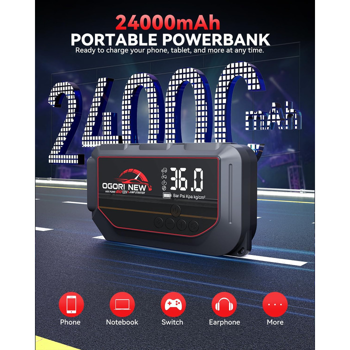 Портативний пусковий пристрій OGORI з компресором 150 PSI та LED-ліхтариком, 7000A, для автомобілів 12V (8L бензин/10L дизель)