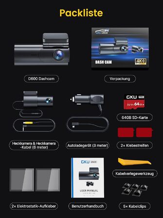 Автомобільний відеореєстратор GKU 4K+1080P (передній та задній), 5GHz WiFi, з карткою пам'яті 64GB, глянцевий чорний