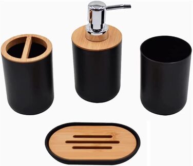 Bathroom Accessories Set - 6Pcs Bathroom Accessories Set made of Bamboo, Lotion Bottles, Toothbrush Holder, Tooth Cup, Soap Dish, Toilet Brush, Trash Can (4 Pcs Black)