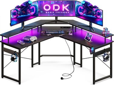 Ігровий стіл ODK 129x129 см з LED підсвіткою, розетками і USB, комп'ютерний стіл з великою полицею для монітора, карбон, чорний