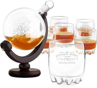 Maverton Whisky Decanter with Engraving - Globe with Ship, 850 ml - Set of 6 Whisky Glasses - Whisky Decanter - Christmas Gifts - Birthday Gift for Men - Personalized - Gentleman Whiskey