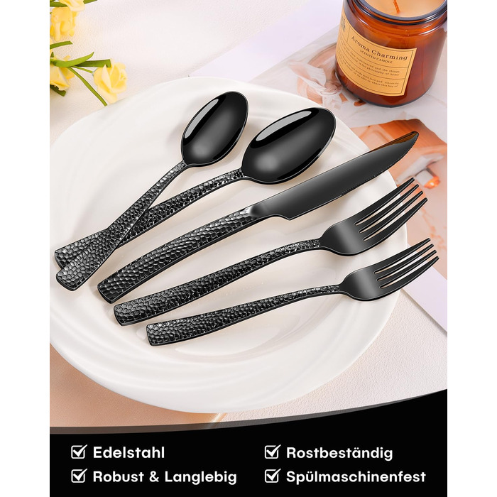 Набір столових приборів Honkku 30 предметів (6 осіб), чорний, з нержавіючої сталі, з об'ємними ручками, набір ножів, виделок та ложок, полірований, придатний для миття в посудомийній машині