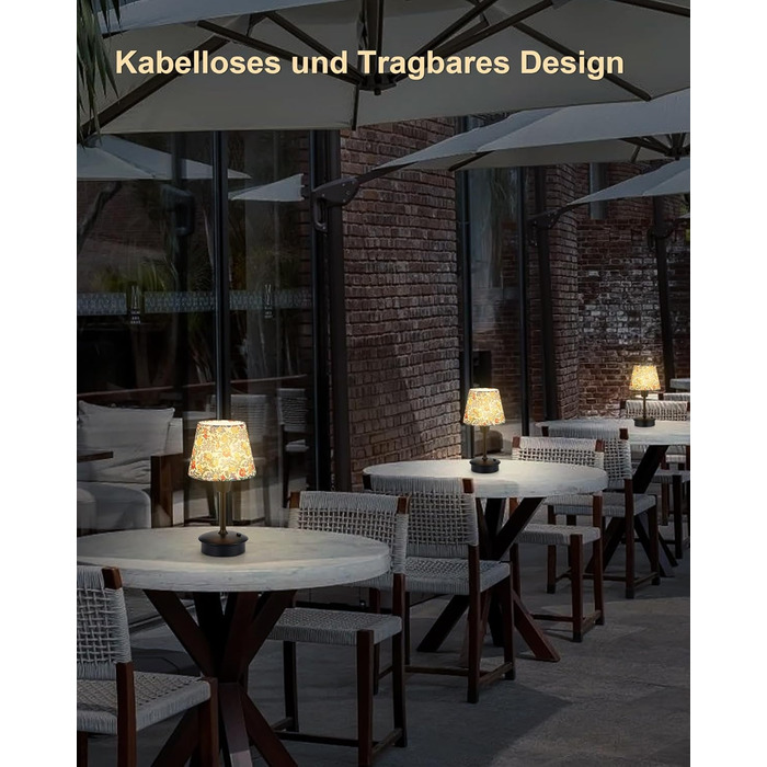 Акумуляторна настільна лампа: портативна, з регулюванням яскравості, для дому та саду. Тканинний абажур, античний метал, квітковий принт