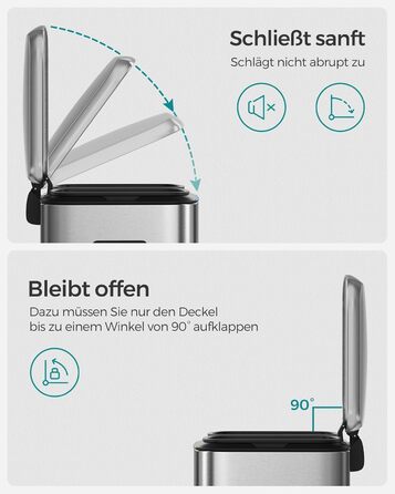 SONGMICS Відро для сміття 40 л з 2 відсіками (2 x 20 л), металевий третемер з пластиковим внутрішнім відром, Softclose, герметичний, білий LTB40WT (срібний)