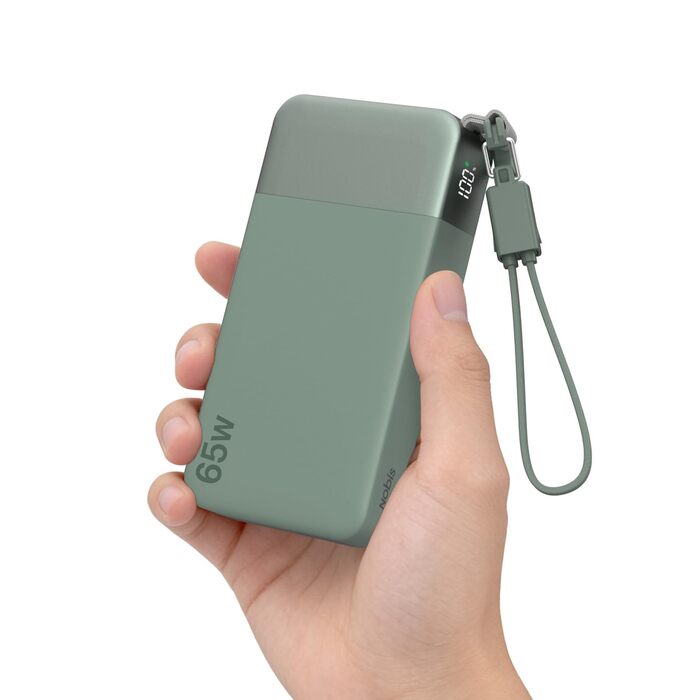 Повербанк NOBIS 20000 mAh 65W з вбудованим кабелем, швидка зарядка, 2x USB-C та 2x USB-A, для ноутбуків, планшетів та смартфонів (Зелений)