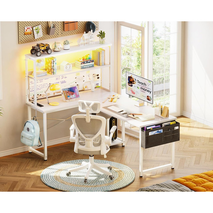 Ігровий стіл Coleshome L-подібної форми з LED-підсвічуванням та розетками, 135 × 100 см. Реверсивний кутовий стіл з полицями для зберігання, з сумкою для дому та ігор. (135×100 см, Білий)