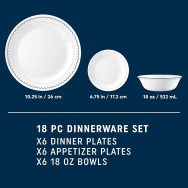 Сервіз Corelle на 6 осіб, 18 предметів, Vitrelle, морські смуги (синій, білий)