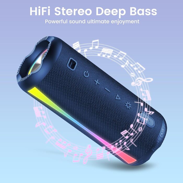 Портативна Bluetooth колонка 5.4 з RGB підсвіткою, водонепроникна IP7, чорний (Deep Blue). Гучний бас, 20 год автономії, гучний зв'язок. Для спорту та відпочинку.