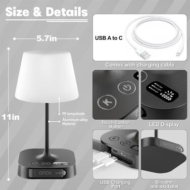 LED лампа настільна акумуляторна Anordsem бездротова: торшери з сенсорним керуванням та USB A+C - маленька настільна лампа для дитячої кімнати, нічник, подарунок, чорний