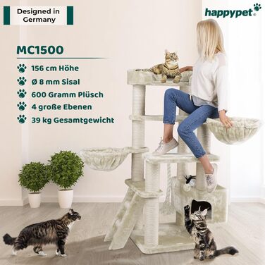 HAPPYPET Драбина для котів Якоб XXL - велика, стабільна, з сизалевими стовпами, товста платформа, для великих порід (кремовий)