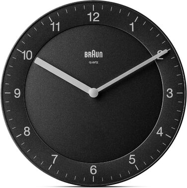 Braun Classic analog wall clock with quiet quartz movement, easy-to-read dial with a 20 cm diameter in black, model BC06B.
