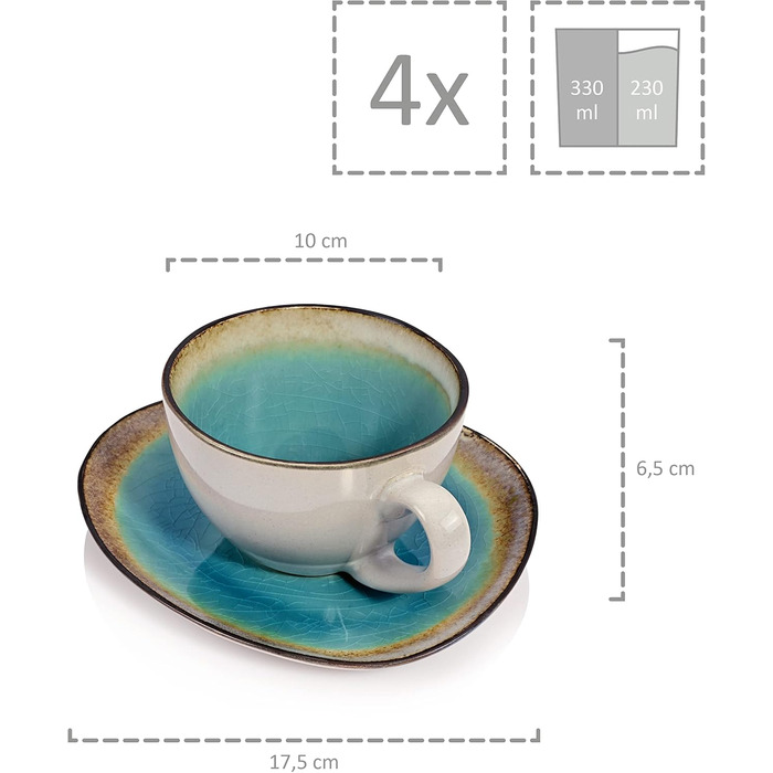 Sänger | Capri Stoneware Coffee Set, Coffee Cup Set for 4 People, Coffee Mugs, Coasters, Plates, 12-Piece Coffee Cup Sets, Stoneware Mug Coffee Set | PREMIUM COLLECTION 12-Piece Coffee Set