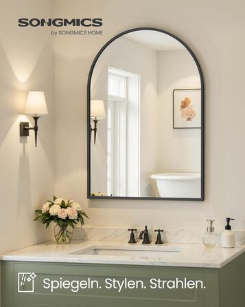 Дзеркало для ванної кімнати SONGMICS, настінне, з алюмінієвою рамою, 91 x 61 см, з захисною плівкою, 2 способи кріплення, для ванної, спальні, вітальні, LWM010BD01 (округле, чорний)