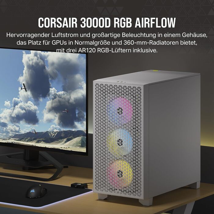 Корпус ПК CORSAIR 3000D RGB Airflow: підтримка 8 вентиляторів 120мм, 2x SP120 Elite, для відеокарт з 4 слотами