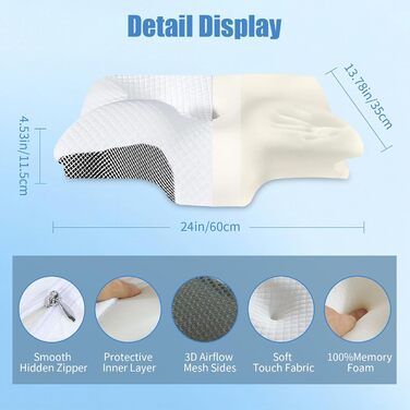 Ортопедична подушка для шиї SaiXuan з Memory Foam. Ергономічна 3D подушка для спини та тих, хто спить на боці. Регульована висота 60×35×7.5/11.5 см. Дихаючий, пральний чохол.