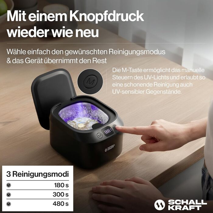 Ультразвукова ванна для чищення 48 кГц з УФ-дезінфекцією, чорна - для ювелірних виробів, зубних кап, брекетів та іншого