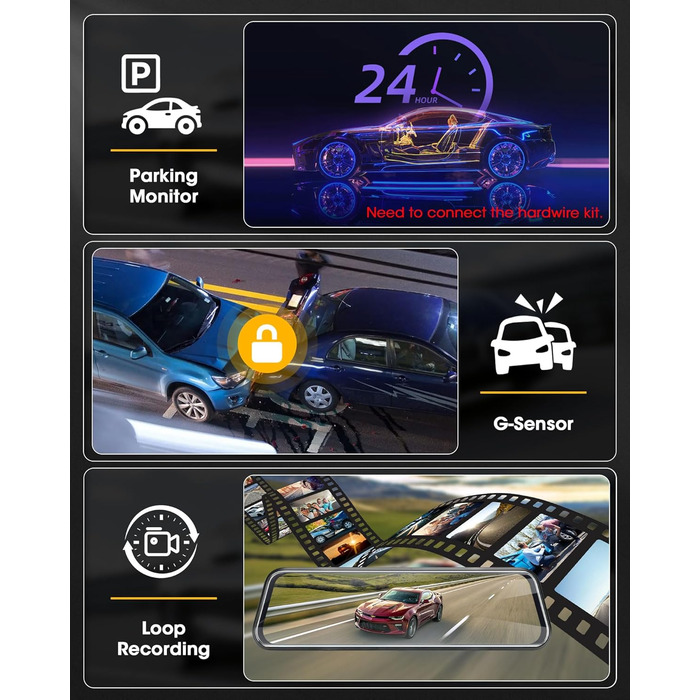 Дзеркало-відеореєстратор з камерою заднього виду Dual 1080P, 10