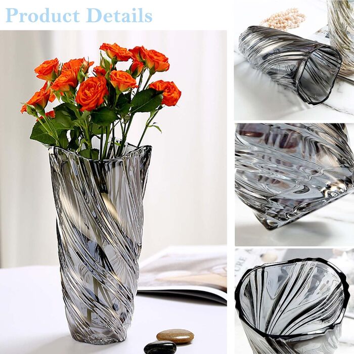 Скляна ваза для квітів Blumenvase Glas, 24 см, кришталева ваза, сучасний дизайн, велика ваза для букетів тюльпанів, декор, подарунок на весілля, для декору столу, на новосілля, на День матері (димчастий сірий)