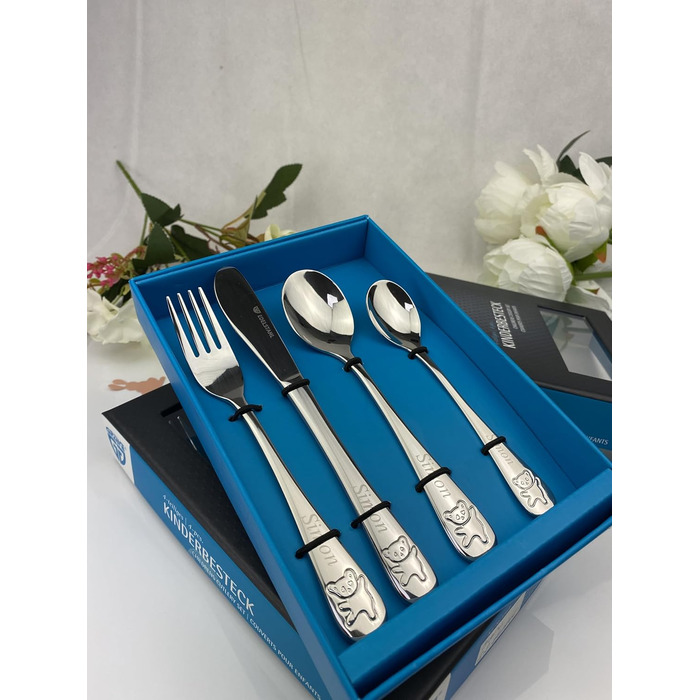 Дитячий столовий прилад Kinderbesteck з гравіюванням імені/мотива 'Teddy Bärchen' (ведмедик), 1 або 4 шт. у наборі, з нержавіючої сталі, гравіювання стильною літерою