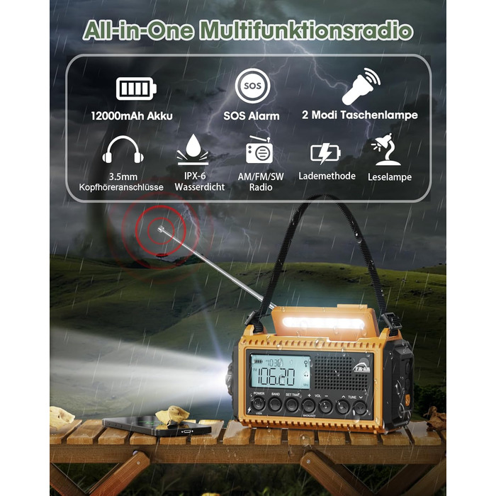 Радіоприймач Kurbelradio 12000mAh з сонячною панеллю та ручкою, AM/FM/SW, USB-зарядка, ліхтарик, SOS-сигнал, для кемпінгу та надзвичайних ситуацій, зелений