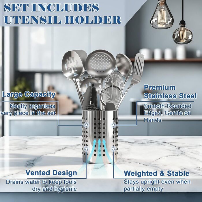 Набір кухонних аксесуарів BEWOS 15 предметів: ложки, шпателі, органайзер, нержавіюча сталь, для кухні