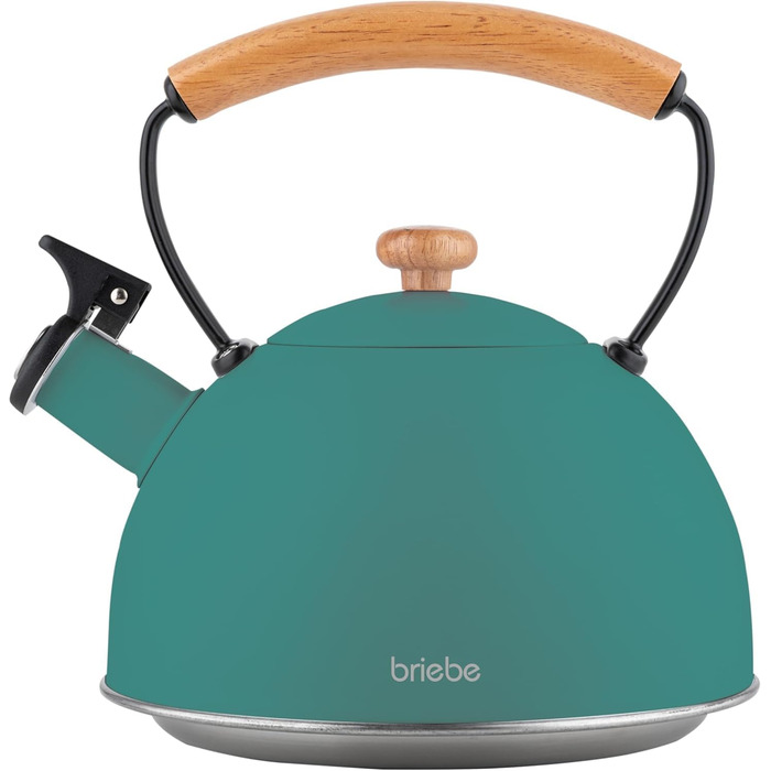 Чайник Nordic Wasserkessel Induktion 2.3L з нержавіючої сталі, з свистком, для чаю та кави, сумісний з усіма типами плит (індукційні, склокерамічні, газові, електричні), з дерев'яною ручкою Cool-Touch, ретро дизайн, зелений