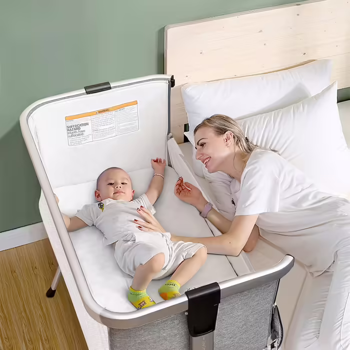 COSTWAY 2-in-1 Side Sleeper Bed & Travel Bed, Folding, Baby Cot with 7-Level Adjustable Height, Portable Baby Bed with Safety Belt, Mesh Windows, Mattress, Under-Bed Basket & Wheels (Dark Grey)