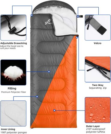 Сплячий мішок Outdoor Sportneer для кемпінгу: 3-4 сезонний, ультралегкий, 220x75 см, для дорослих